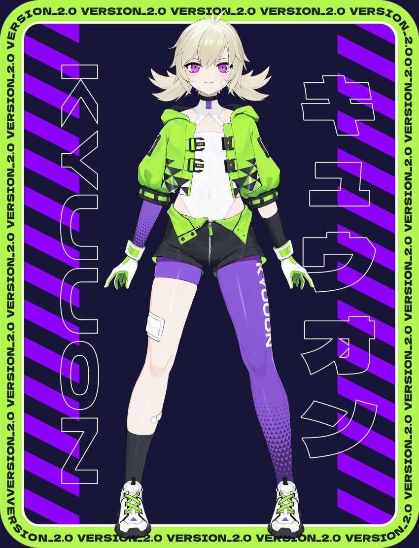 1girl ankle_socks antenna_hair arms_at_sides asymmetrical_gloves asymmetrical_legwear bandage_on_cheek bandage_on_face bandage_on_leg bandages bandaid bandaid_on_leg black_gloves black_jacket black_shorts black_sleeve_cuffs black_socks black_trim blonde_hair blue_background border breasts buckle buttons character_name cleavage_cutout clothes_writing clothing_cutout collarbone collared_leotard commentary commission covered_collarbone covered_navel cropped_jacket cross-laced_shoes curled_fingers double-parted_bangs elbow_gloves english_commentary english_text eyebrows_hidden_by_hair full-length_zipper full_body furrowed_brow gloves gradient_gloves gradient_pantyhose green_background green_border green_gloves green_jacket green_shorts hair_between_eyes hair_flaps half-closed_eyes high-waist_shorts high_collar high_tops highleg highleg_leotard highres hood hood_down hooded_jacket indie_virtual_youtuber invisible_floor jacket knees kyuuon_(vtuber) legs_apart leotard light_blush long_eyelashes long_legs long_sleeves looking_at_viewer low_twintails medium_hair mismatched_gloves multicolored_jacket narrowed_eyes open_clothes open_hands open_jacket pantyhose partially_unzipped print_jacket print_pantyhose puffy_long_sleeves puffy_sleeves purple_background purple_eyes purple_gloves purple_pantyhose rounded_corners see-through_clothes see-through_jacket shoes short_shorts shorts single_sock skin_tight skindentation sleeve_zipper small_breasts smile snap-fit_buckle sneakers socks solo standing straight-on text_background thick_eyelashes thighs triangle_cutout triangle_print tsurime twintails two-sided_fabric two-sided_jacket two-sided_shorts two-tone_gloves two-tone_jacket unbuttoned v-shaped_eyebrows vertigris virtual_youtuber white_gloves white_leotard white_shoes zipper zipper_pull_tab