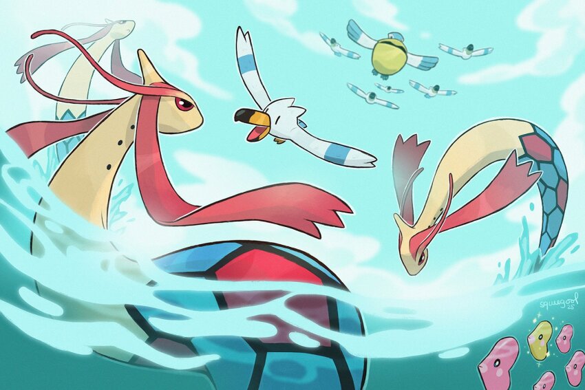 alternate_color bird blue_sky cloud day gen_3_pokemon luvdisc milotic nintendo no_humans outdoors partially_underwater_shot pelipper pokemon pokemon_(creature) shiny_pokemon sky squeegool water wingull