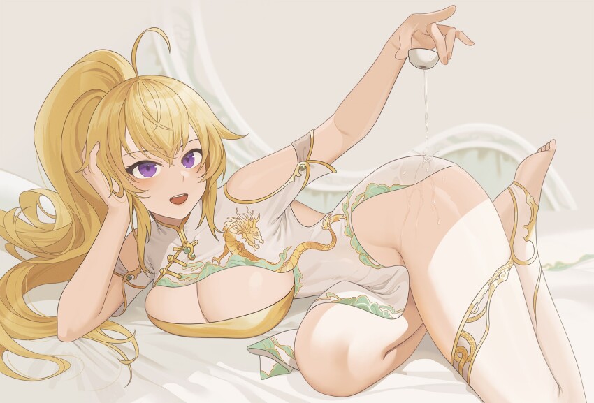 1girl :d ahoge alcohol alternate_costume blonde_hair breasts china_dress chinese_clothes choko_(cup) cleavage cleavage_cutout clothing_cutout cup dress elbow_rest gold_trim high_ponytail highres large_breasts long_hair lying on_side open_mouth pelvic_curtain ponytail pouring pouring_onto_self purple_eyes revision rwby sake short_sleeves smile solo stirrup_legwear thighhighs toeless_legwear wangxiii yang_xiao_long