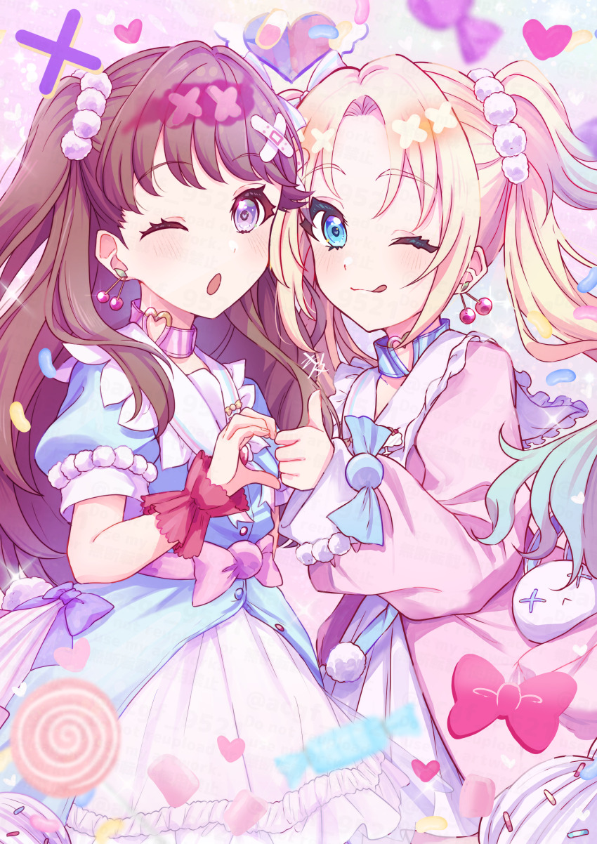 2girls ;3 ;o ;q absurdres bandaid bandaid_hair_ornament blonde_hair blue_dress blue_eyes blue_hair blush brown_hair choker closed_mouth commentary cowboy_shot dress frilled_dress frills fujishima_megumi gradient_hair hair_bobbles hair_ornament hakuchu_a_la_mode heart heart_hands_failure heart_o-ring heart_ring_choker highres kyaku_tasu layered_dress light_blue_hair link!_like!_love_live! long_hair long_sleeves looking_at_viewer love_live! mira-cra_park! multicolored_hair multiple_girls o-ring o-ring_choker one_eye_closed open_mouth osawa_rurino parted_bangs pink_dress puffy_long_sleeves puffy_short_sleeves puffy_sleeves purple_eyes short_sleeves split_mouth thumbs_up tongue tongue_out twintails two_side_up virtual_youtuber white_dress x_hair_ornament