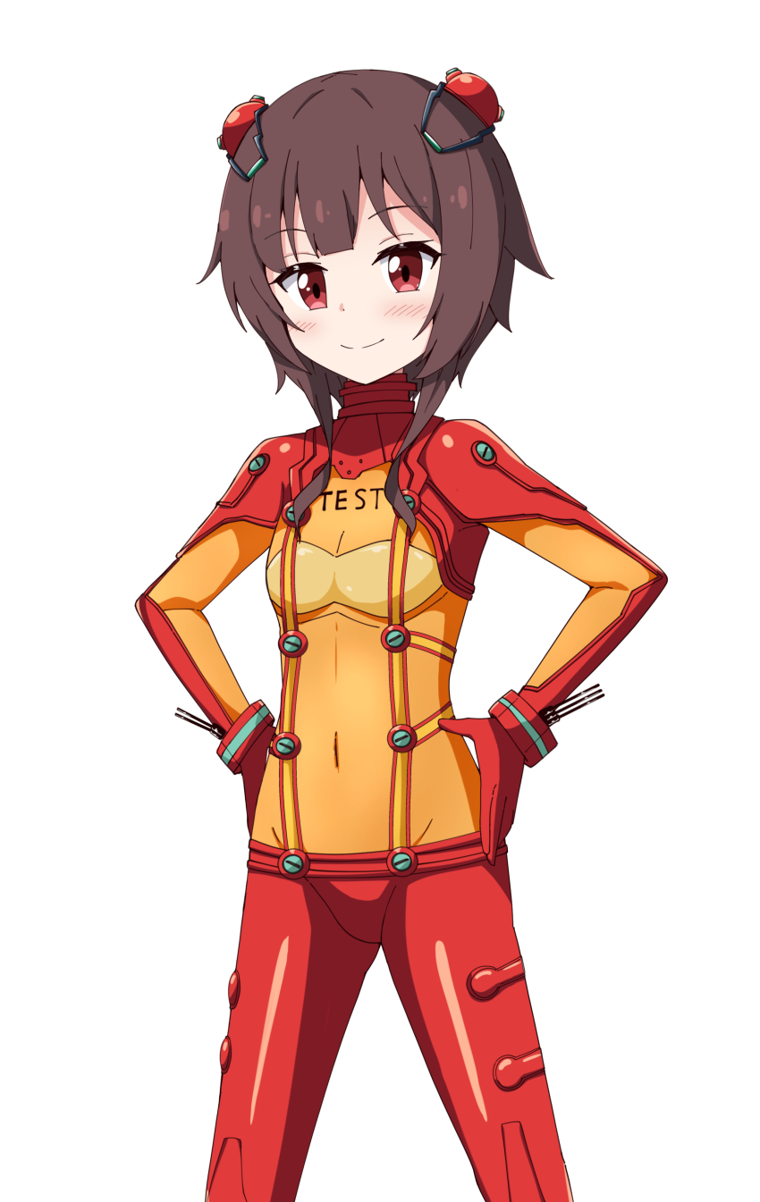 1girl absurdres aikawa_ryou blush bodysuit breasts brown_hair closed_mouth commission cosplay covered_groin covered_navel hands_on_own_hips highres kono_subarashii_sekai_ni_shukufuku_wo! long_hair looking_at_viewer mecha_pilot_suit megumin neon_genesis_evangelion orange_bodysuit pixiv_commission plugsuit_(evangelion) red_bodysuit red_eyes simple_background small_breasts smile solo souryuu_asuka_langley souryuu_asuka_langley_(cosplay) standing test_plugsuit_(evangelion) white_background