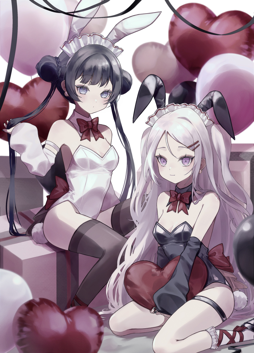 absurdres ahoge animal_ears black_hair black_thighhighs blue_archive box breasts double_bun gift gift_box grey_halo hair_bun halo heart highres hina_(blue_archive) kisaki_(blue_archive) leotard loli long_hair maid_headdress playboy_bunny purple_eyes rabbit_ears red_ribbon ribbon sitting small_breasts srnps thighhighs thighs white_hair