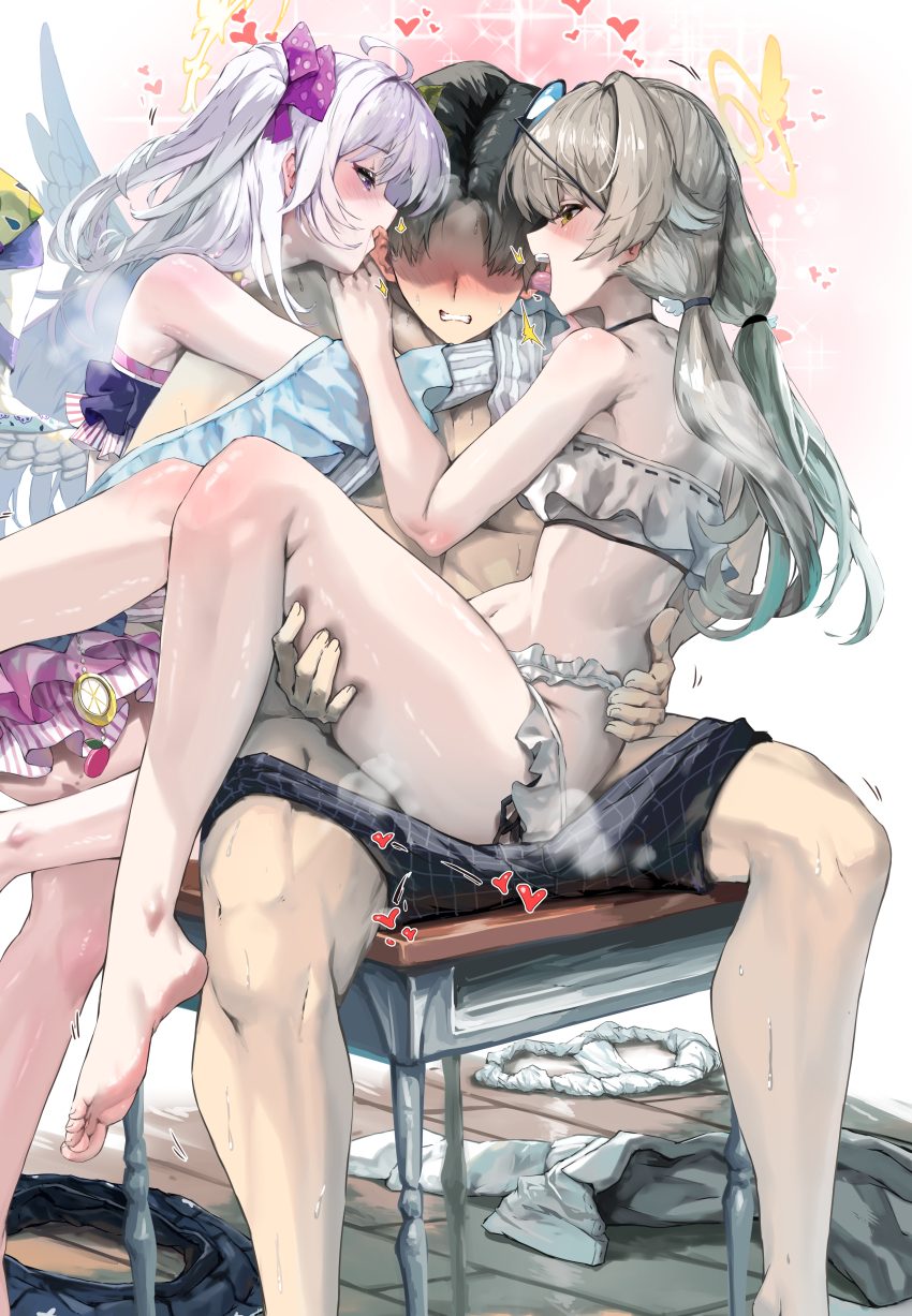 1boy 2girls absurdres assertive_female azusa_(blue_archive) azusa_(swimsuit)_(blue_archive) bikini black_hair black_male_swimwear black_skirt blue_archive blush bow breasts brown_hair carrying commentary_request commission desk faceless faceless_male feathered_wings flower frilled_bikini frills hair_bow hair_flower hair_ornament halo heart hetero hifumi_(blue_archive) hifumi_(swimsuit)_(blue_archive) highres legs long_hair low_twintails male_swimwear male_swimwear_pull multiple_girls navel on_desk panties polka_dot polka_dot_bow princess_carry purple_bikini purple_bow purple_eyes school_desk sensei_(blue_archive) shirt short_hair simple_background sitting skirt sunnysideup sweat swim_trunks swimsuit thighs tongue tongue_out twintails underwear unworn_panties unworn_shirt unworn_skirt variant_set white_background white_bikini white_hair white_panties white_shirt white_wings wings yellow_halo