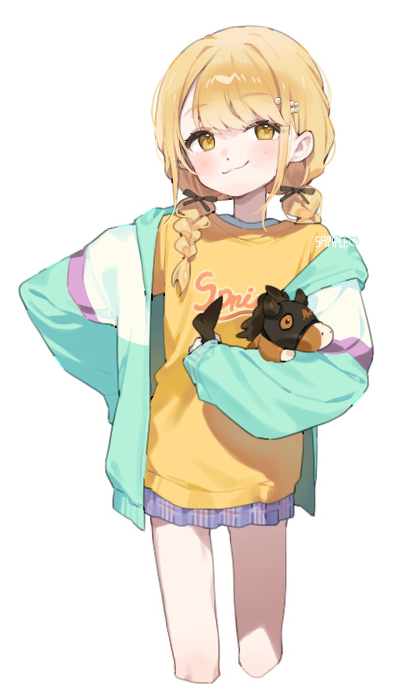 1girl absurdres aged_down arm_behind_back blonde_hair braid child closed_mouth cropped_legs flat_chest fujita_kotone gakuen_idolmaster green_jacket hair_ornament hairclip highres holding holding_stuffed_toy idolmaster jacket long_hair looking_at_viewer miniskirt open_clothes open_jacket purple_skirt shirt simple_background skirt smile smug solo stuffed_animal stuffed_horse stuffed_toy twin_braids useq1067 white_background yellow_eyes yellow_shirt