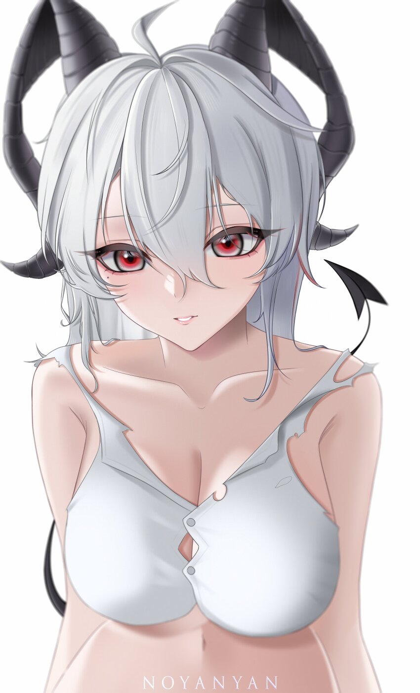 1girl absurdres artist_name bare_shoulders black_horns black_tail breasts collarbone commentary curled_horns demon_tail grey_hair hair_between_eyes highres horns large_breasts long_hair looking_at_viewer mole mole_under_eye navel noya_nyan parted_lips red_eyes shirt simple_background solo stomach tail torn_clothes torn_shirt upper_body white_background white_shirt wuthering_waves zani_(wuthering_waves)