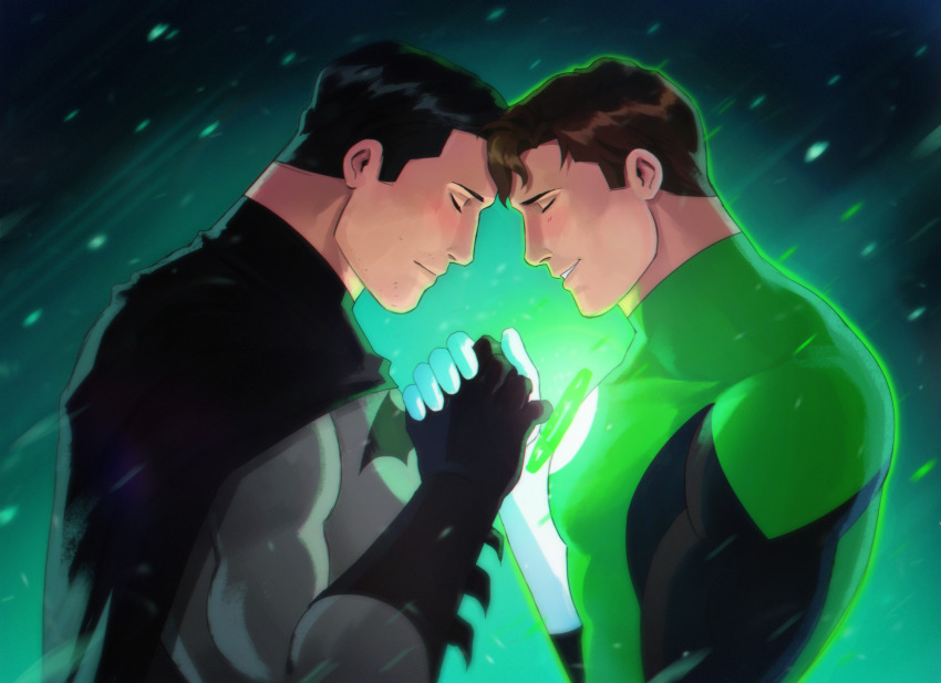 2boys bara batman batman_(series) black_bodysuit black_cape black_gloves black_hair blush bodysuit brown_hair bruce_wayne cape closed_eyes closed_mouth couple dc_comics gloves green_bodysuit green_lantern green_lantern_(series) grey_bodysuit hal_jordan haljordanmylove highres holding_hands large_pectorals light_blush male_focus multiple_boys muscular muscular_male pectorals short_hair smile superhero_costume two-tone_bodysuit upper_body white_gloves yaoi