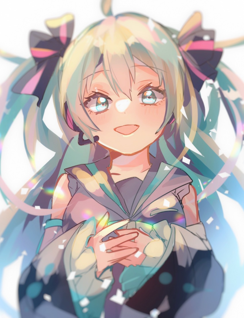 1girl adapted_costume blouse blue_eyes blue_hair blush bow collared_shirt hair_bow hatsune_miku headphones highres long_sleeves looking_at_viewer pale_skin shirano_akihiro shirt sleeveless sleeveless_shirt smile solo twintails vocaloid