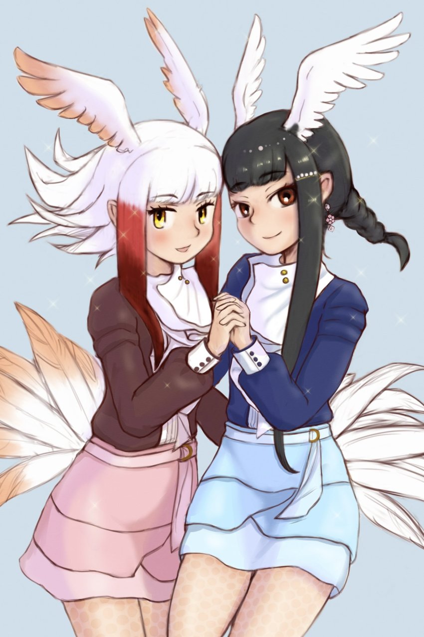 2girls alternate_costume aotsuki_tsutome bird_girl bird_tail bird_wings black-headed_ibis_(kemono_friends) blue_shirt blue_skirt blush braid brown_shirt casual collar cowboy_shot head_wings highres holding_hands japanese_crested_ibis_(kemono_friends) kemono_friends long_sleeves looking_at_viewer multiple_girls pantyhose pink_skirt puffy_sleeves red_eyes shirt short_hair sidelocks skirt smile tail twin_braids white_collar wings yellow_eyes