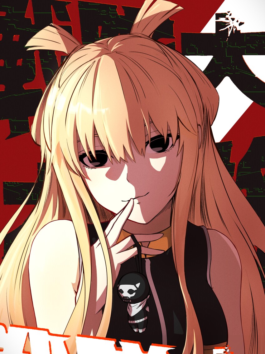 1girl absurdres bare_shoulders black_eyes blonde_hair character_charm charm_(object) closed_mouth commentary copyright_name empty_eyes english_commentary finger_to_mouth hair_between_eyes hairstyle_request high_contrast highres long_hair looking_at_viewer mikasciii sentai_daishikkaku sentouin_d shadow sidelocks sleeveless smile solo suzukiri_yumeko upper_body