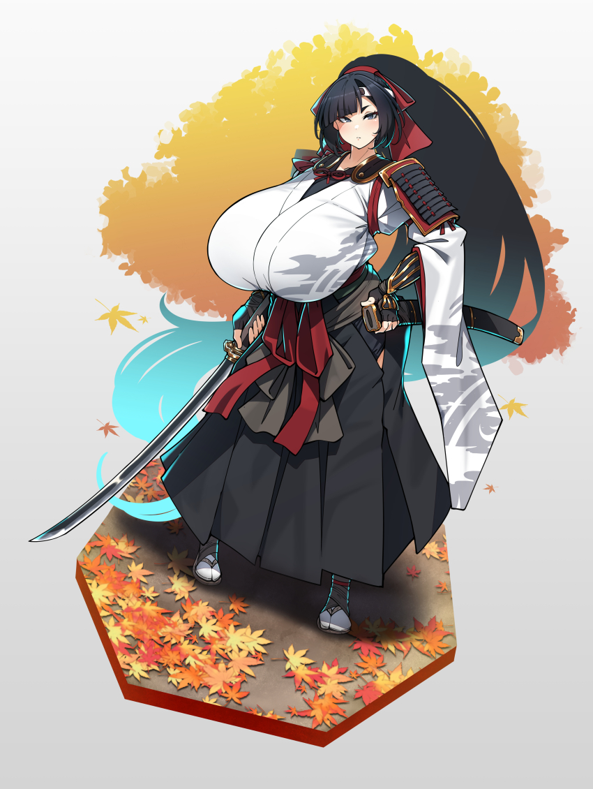 1girl absurdly_long_hair absurdres aqua_hair armor autumn_leaves black_gloves black_hair black_hakama breasts faux_figurine fingerless_gloves forehead_protector full_body gigantic_breasts gloves gradient_hair grey_eyes hachimaki hair_ribbon hakama headband highres holding holding_sheath holding_sword holding_weapon japanese_armor japanese_clothes katana kimono konoshige_(ryuun) kote leaf long_hair multicolored_hair original ponytail red_ribbon ribbon sandals scabbard sheath shoulder_armor sode solo standing sword tabi tasuki unsheathed very_long_hair weapon white_kimono wide_sleeves zouri