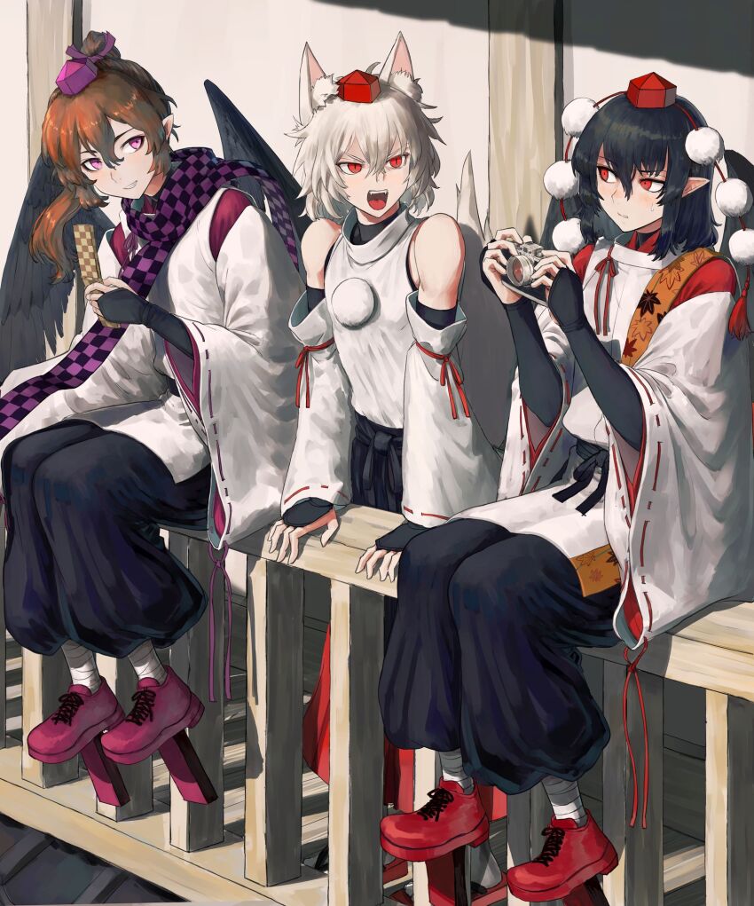 3boys alternate_costume animal_ear_fluff animal_ears bare_shoulders bird_wings black_hair black_wings brown_hair camera cellphone checkered_clothes checkered_scarf commentary_request detached_sleeves fangs flip_phone genderswap genderswap_(ftm) geta harapan-kun hat highres himekaidou_hatate holding holding_camera holding_phone inubashiri_momiji leaf_print male_focus maple_leaf_print multiple_boys on_railing open_mouth outdoors phone pointy_ears pom_pom_(clothes) ponytail purple_hat railing red_eyes red_hat scarf shameimaru_aya short_hair sitting sweatdrop tail tengu tengu-geta tokin_hat touhou white_hair wide_sleeves wings wolf_boy wolf_ears wolf_tail wooden_railing
