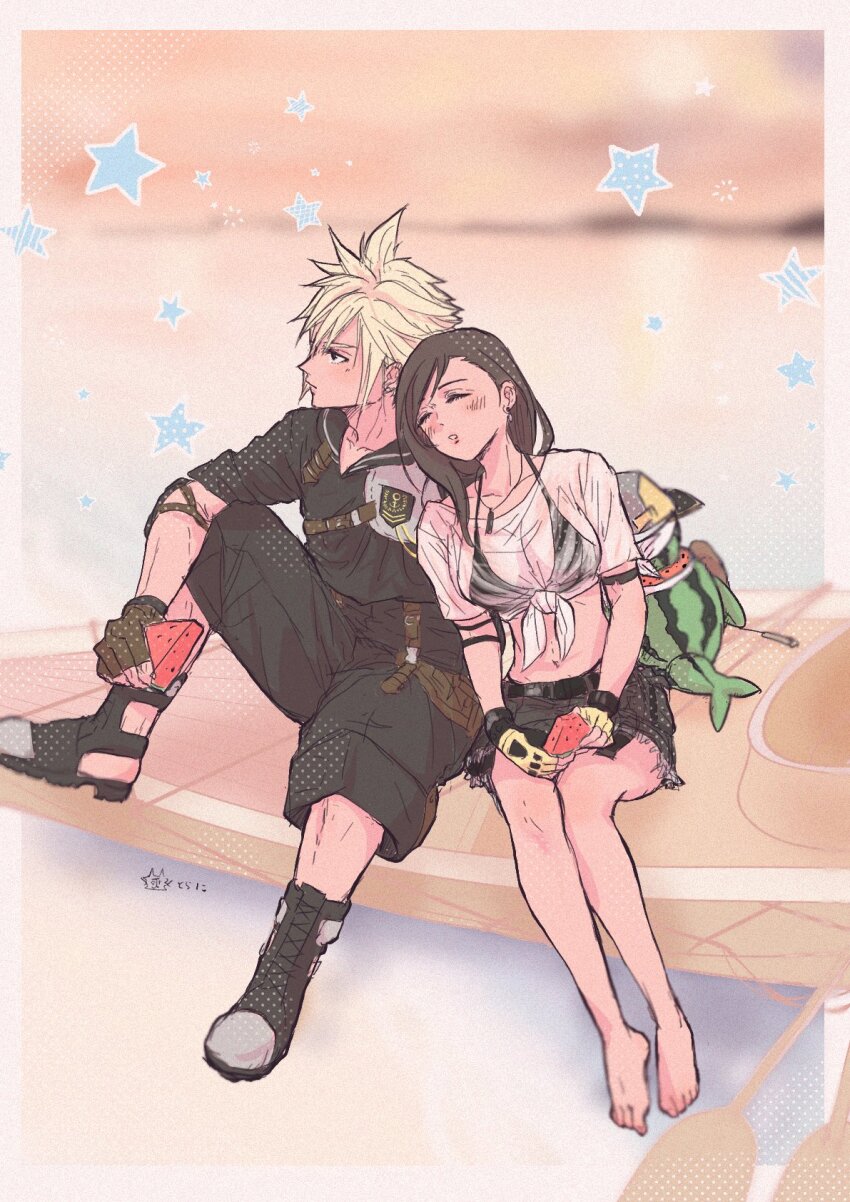1boy 1girl 1other bare_legs beach bikini bikini_under_clothes blurry blurry_background canoe cloud_strife cloud_strife_(maritime_sailor) final_fantasy final_fantasy_vii final_fantasy_vii_ever_crisis fingerless_gloves food frayed_skirt front-tie_top fruit gloves highres leaning_on_person miniskirt ninnin5tora official_alternate_costume see-through_clothes see-through_shirt shirt skirt sleeping sleeping_on_person spiked_hair swimsuit tifa_lockhart tifa_lockhart_(lifeguard) tonberry watermelon watermelon_slice wet wet_clothes wet_shirt