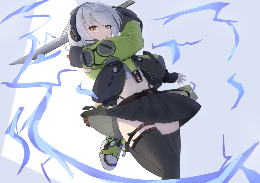 1girl :o absurdres anby_demara arm_up belt belt_buckle black_belt black_gloves black_jacket black_skirt black_thighhighs buckle commentary_request crop_top fingerless_gloves gloves green_jacket grey_hair highres holding holding_sword holding_weapon jacket leg_up long_sleeves looking_at_viewer magic midriff miniskirt navel nyasupaa open_clothes open_jacket parted_lips partial_commentary pleated_skirt short_hair skirt solo sword thigh_belt thigh_strap thighhighs weapon yellow_eyes zenless_zone_zero