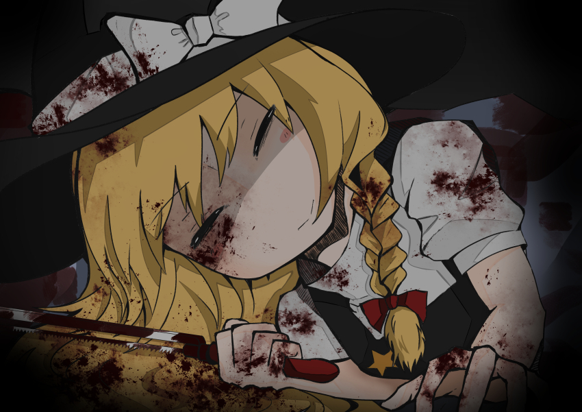 1girl absurdres black_hair black_hat blonde_hair blood blood_on_clothes blood_on_face blood_on_hands bow braid chikiji_(chickchickjo) commentary_request cookie_(touhou) hacksaw hair_bow half-closed_eyes hat hat_bow highres holding holding_saw kirisame_marisa lying on_side saw side_braid solo star_(symbol) suzu_(cookie) touhou