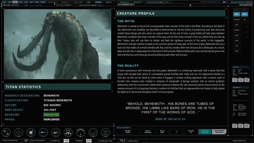 absurdres aircraft airplane behemoth_(monsterverse) character_profile concept_art conspiracy explosion fighter_jet fog giant giant_monster godzilla:_king_of_the_monsters godzilla_(series) highres kaiju legendary_pictures military military_vehicle monarch_(monsterverse) monster monsterverse no_humans official_art plant promotional_art science smoke text_focus toho tusks viral_marketing