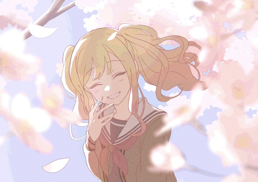 1girl blonde_hair blurry cardigan cherry_blossoms closed_eyes depth_of_field falling_petals gradient_hair grey_shirt grin highres miyamasuzaka_girls&#039;_academy_school_uniform multicolored_hair neckerchief open_cardigan open_clothes pato_(ptro) petals pink_hair project_sekai red_neckerchief school_uniform shirt sidelocks smile solo tenma_saki twintails upper_body