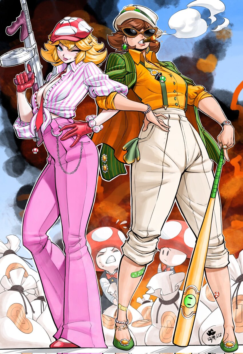 1-up_mushroom 2boys 2girls alternate_costume anklet baseball_bat blonde_hair blue_eyes blue_sky brown_hair bullet_bill cigar clenched_teeth closed_eyes dated earrings fire fire_flower gloves green_footwear green_jacket gun hand_on_own_hip hat highres holding holding_baseball_bat holding_gun holding_weapon jacket jewelry jgeorgedrawz mario_(series) money_bag multiple_boys multiple_girls nintendo one_eye_closed orange_shirt outdoors pants pants_rolled_up pink_pants pink_shirt princess_daisy princess_peach red_footwear red_gloves shirt shoes sky smoke striped_clothes striped_shirt sunglasses super_mushroom teeth toad_(mario) watch watermark weapon white_pants white_shirt wristwatch