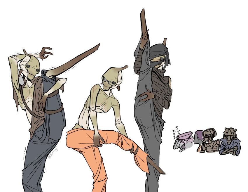 3boys ^_^ arthropod_boy closed_eyes facepalm highres hiver_(kenshi) holding_own_leg humanoid_robot juerucj kenshi multiple_boys pants rectangular_eyewear ribbon robot simple_background split standing standing_on_one_leg standing_split sweat trembling twitter_username white_background