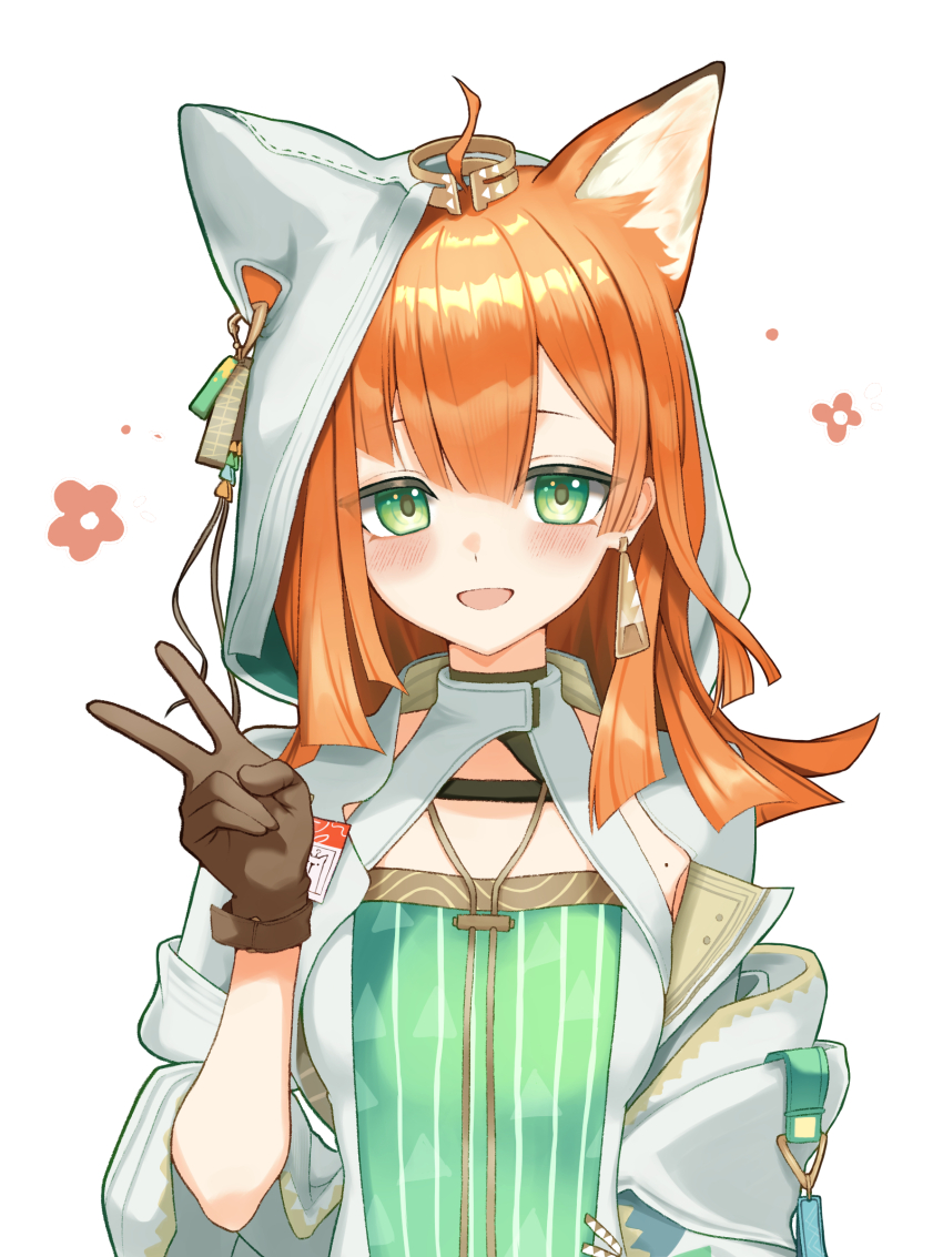 1girl absurdres animal_ear_hood arknights blush breasts cat_girl dr.lamina dress earrings ears_under_headwear fake_animal_ears gloves green_dress green_eyes hand_up highres hood hooded_dress jewelry looking_at_viewer medium_breasts medium_hair mole mole_on_armpit open_mouth orange_hair papyrus_(arknights) single_earring single_glove smile upper_body v