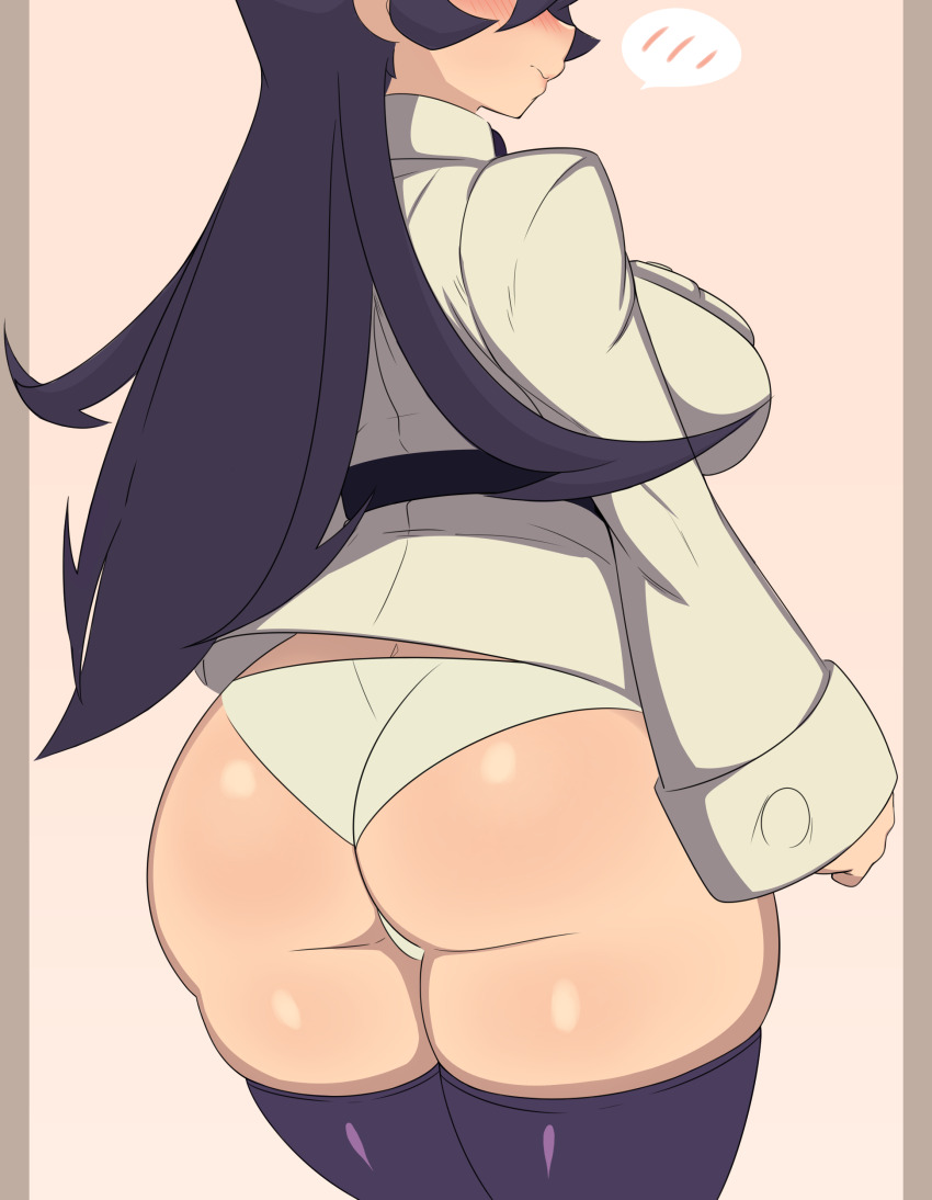 1girl absurdres ass blue_hair blush cowboy_shot filia_(skullgirls) from_behind frown head_out_of_frame highres long_hair panties school_uniform shnibbles skullgirls solo speech_bubble tan_background thighhighs underwear