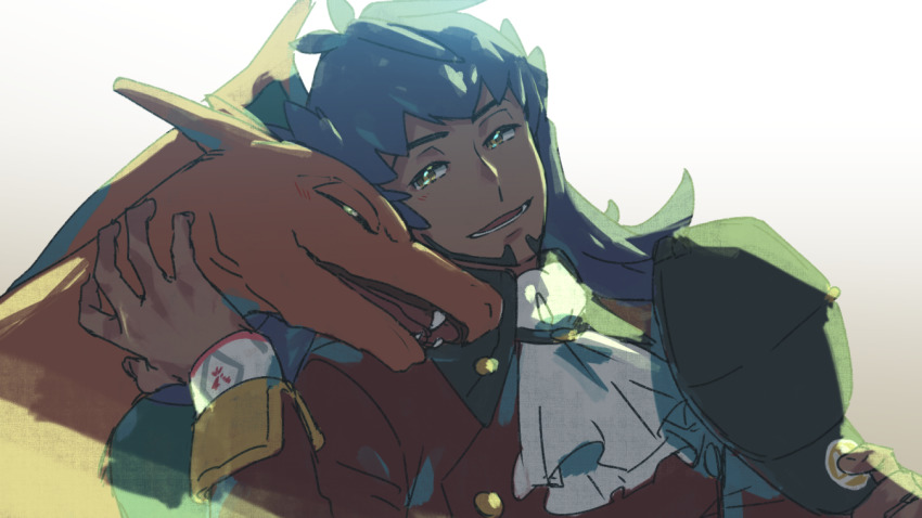 1boy ascot baseball_cap black_headwear buttons charizard commentary_request dark-skinned_male dark_skin dynamax_band facial_hair gen_1_pokemon half-closed_eyes hat holding holding_unworn_clothes holding_unworn_hat leon_(pokemon) long_hair long_sleeves lower_teeth_only male_focus nintendo open_mouth pokemon pokemon_(creature) pokemon_swsh purple_hair smile suruga_dbh tailcoat teeth tongue unworn_hat unworn_headwear upper_body white_ascot yellow_eyes