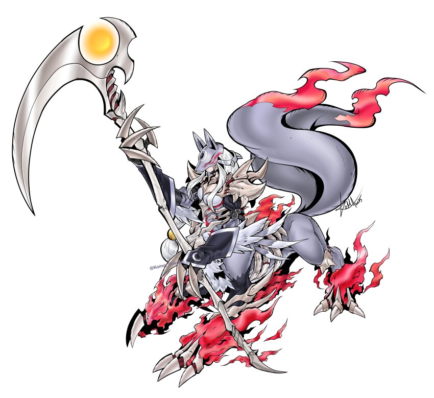 1girl absurdres armor belt black_belt breasts centauroid claws cleavage closed_mouth commentary_request commission detached_sleeves digimon fox_mask fox_tail full_body grey_fur grey_sleeves hand_up highres holding holding_scythe huge_weapon koma_ookami long_hair mask medium_breasts monster_girl multiple_legs multiple_tails official_style oridigi original scythe shoulder_armor signature simple_background skull_ornament solo standing tachi-e tail taur twitter_username weapon white_background white_hair
