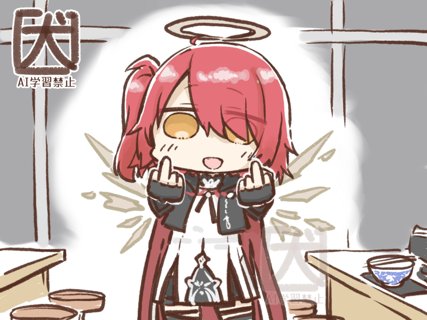 1girl akanotanin13 arknights black_gloves black_jacket bowl chibi chopsticks commentary detached_wings double_middle_finger dress exusiai_(arknights) exusiai_the_new_covenant_(arknights) fingerless_gloves gloves hair_over_one_eye halo jacket long_hair looking_at_viewer middle_finger one_side_up open_mouth red_hair signature smile solo symbol-only_commentary traditional_halo watermark white_dress white_halo wings yellow_eyes