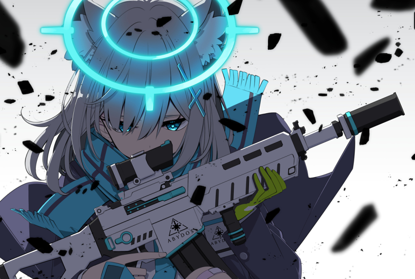 1girl animal_ear_fluff animal_ears aqua_scarf assault_rifle blue_archive blue_eyes blue_jacket blurry commentary cross_hair_ornament debris folding_stock gloves glowing glowing_halo green_gloves grey_hair gun hair_ornament hair_over_one_eye halo holding holding_gun holding_weapon jacket medium_hair rifle rubble sakuraba_yuuki scarf shiroko_(blue_archive) sig_sauer_556 single_glove solo triangle trigger_discipline upper_body weapon white_background wolf_ears wolf_girl