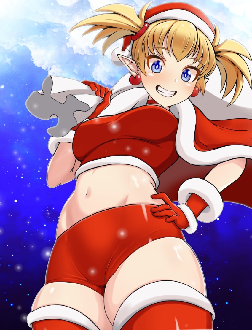1girl arcana_heart blonde_hair blue_eyes blush breasts christmas grin hand_on_own_hip hat highres legs lilica_felchenerow looking_at_viewer medium_breasts midriff navel santa_hat shorts smile snowing solo thick_thighs thighs twintails