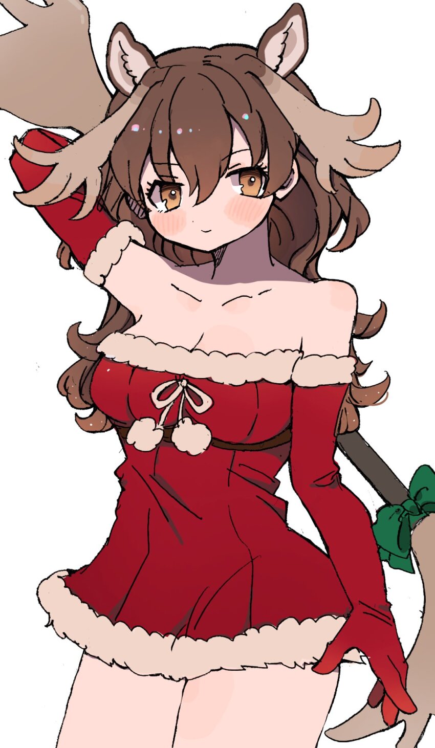 010mzam 1girl animal_ears antlers bare_shoulders blush bow brown_eyes brown_hair christmas collarbone cowboy_shot dress elbow_gloves fur_trim gloves green_bow hair_between_eyes highres horns kemono_friends long_hair merry_christmas moose_(kemono_friends) moose_antlers moose_ears moose_girl red_dress red_gloves santa_costume sidelocks smile solo weapon white_bow white_fur