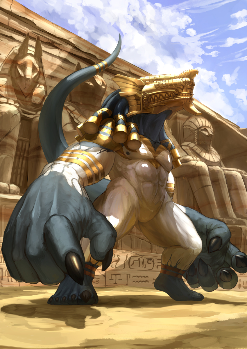 absurdres ancient_egyptian ancient_egyptian_architecture blue_sky claws closed_mouth cloud desert foreshortening full_body highres monster muscular no_humans original sharp_teeth sky solo standing tagme tail teeth yumo80295386