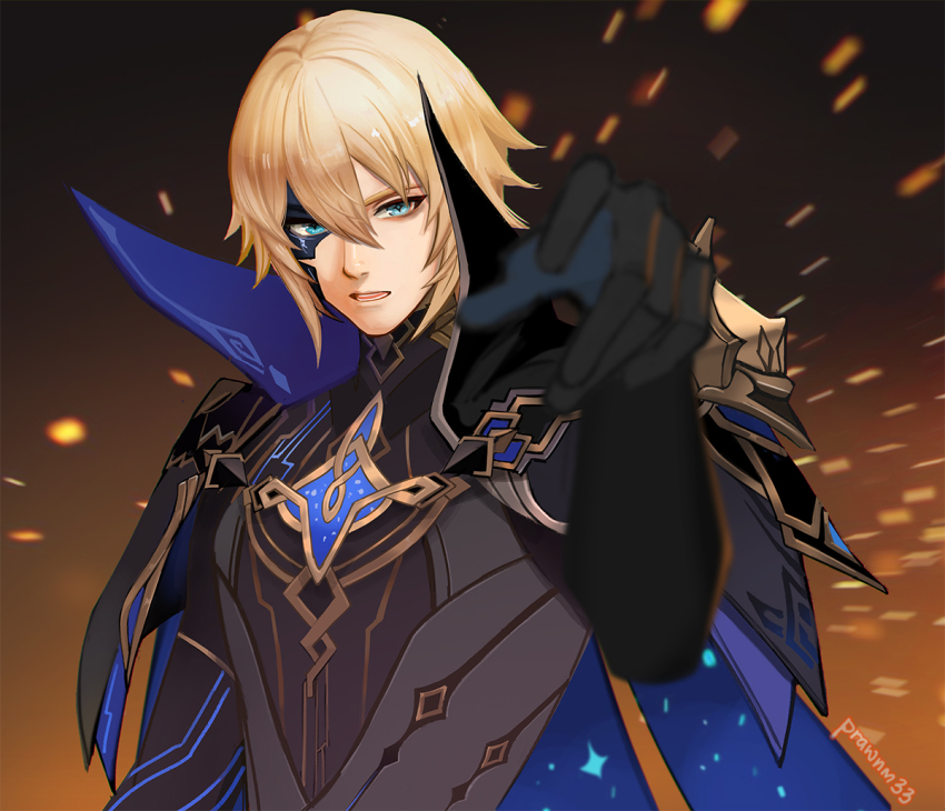 1boy arm_up black_gloves black_mask blonde_hair blue_eyes cape colored_skin commentary dainsleif_(genshin_impact) english_commentary genshin_impact gloves hair_between_eyes half_mask looking_at_viewer male_focus mask mask_over_one_eye mistermagnolia multicolored_clothes mystical_high_collar open_mouth ornate_clothes pointing pointing_at_viewer short_hair solo star_(symbol) two-sided_cape two-sided_fabric upper_body