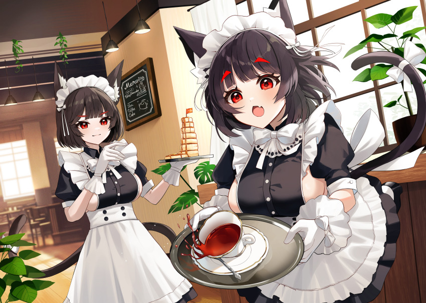 2girls absurdres alternate_costume animal_ears apron azur_lane black_dress black_hair bow breasts cat_ears cat_girl cat_tail collared_dress commentary_request dress enmaided fang food frilled_apron frilled_gloves frills gloves highres holding holding_plate indoors large_breasts maid menu_board multiple_girls open_mouth pancake pancake_stack plant plate potted_plant puffy_short_sleeves puffy_sleeves red_eyes short_hair short_sleeves sideboob sideboob_cutout skin_fang spilling syrup tail tail_bow tail_ornament white_apron white_bow white_gloves yamaha_tsui yamashiro_(azur_lane) yamashiro_(meta)_(azur_lane)