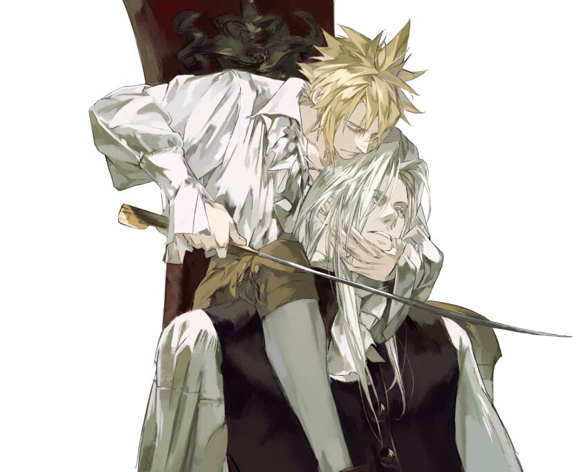 2boys alternate_costume black_vest blonde_hair blue_eyes brown_shorts buttons chair closed_eyes cloud_strife collared_shirt final_fantasy final_fantasy_vii frilled_shirt frilled_shirt_collar frills hand_on_another&#039;s_chin head_grab highres holding holding_sword holding_weapon imminent_injury implied_yaoi leg_on_another&#039;s_shoulder leggings long_hair long_sleeves looking_down looking_up male_focus multiple_boys on_chair parted_lips puffy_long_sleeves puffy_sleeves sephiroth shirt short_hair shorts simple_background sitting spiked_hair sword sword_to_throat vest victorian weapon white_background white_hair white_leggings white_shirt xscr1205