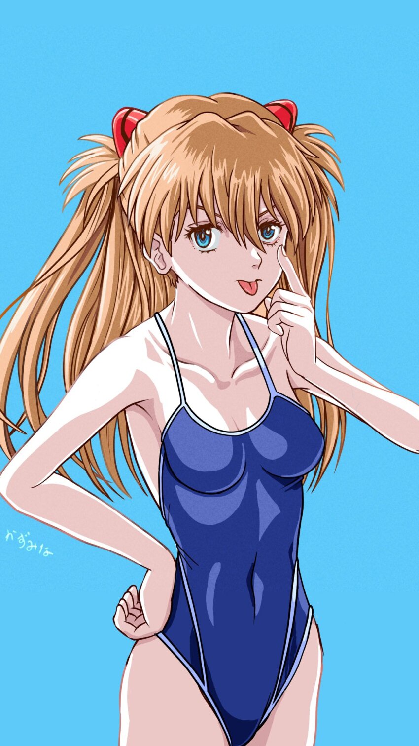 1girl :&gt; alternate_costume bare_legs blue_background blue_eyes blue_one-piece_swimsuit breasts brown_hair covered_navel hand_on_own_hip highres kazumina looking_at_viewer neon_genesis_evangelion neon_genesis_evangelion:_iron_maiden official_alternate_costume one-piece_swimsuit shiny_skin solo souryuu_asuka_langley swimsuit tsundere wide_hips