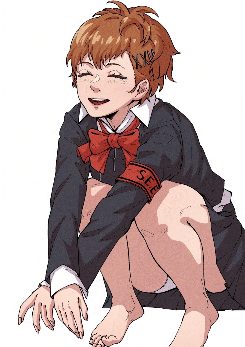 1girl ^_^ armband barefoot black_jacket black_skirt bow bowtie brown_hair chuckuddin closed_eyes gekkoukan_high_school_uniform hair_ornament hairclip highres jacket own_hands_together panties panty_peek persona persona_3 red_armband red_bow red_bowtie school_uniform shiomi_kotone skirt smile solo squatting teeth underwear upper_teeth_only white_panties x_hair_ornament
