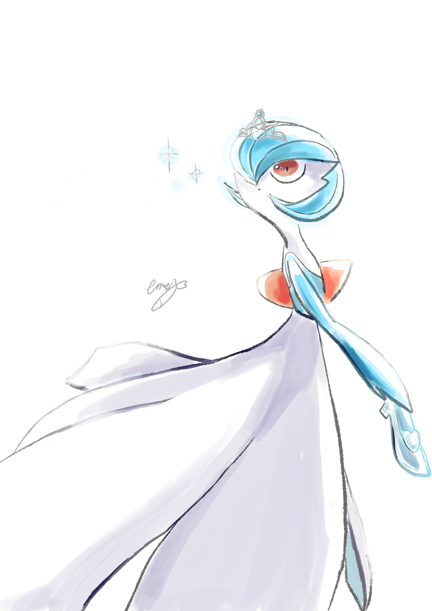 1girl absurdres alternate_color artist_name blue_gemstone blue_hair blue_skin bob_cut cinderella closed_mouth colored_skin dot_mouth eme_ko female_focus flat_chest from_side game_freak gardevoir gem gen_3_pokemon glass_slipper grey_tiara hair_over_one_eye highres holding_slippers looking_back looking_up multicolored_skin nintendo one_eye_covered pokemon pokemon_(creature) red_eyes shiny_pokemon short_hair signature simple_background slippers solo sparkle standing two-tone_skin unworn_slippers white_background white_skin