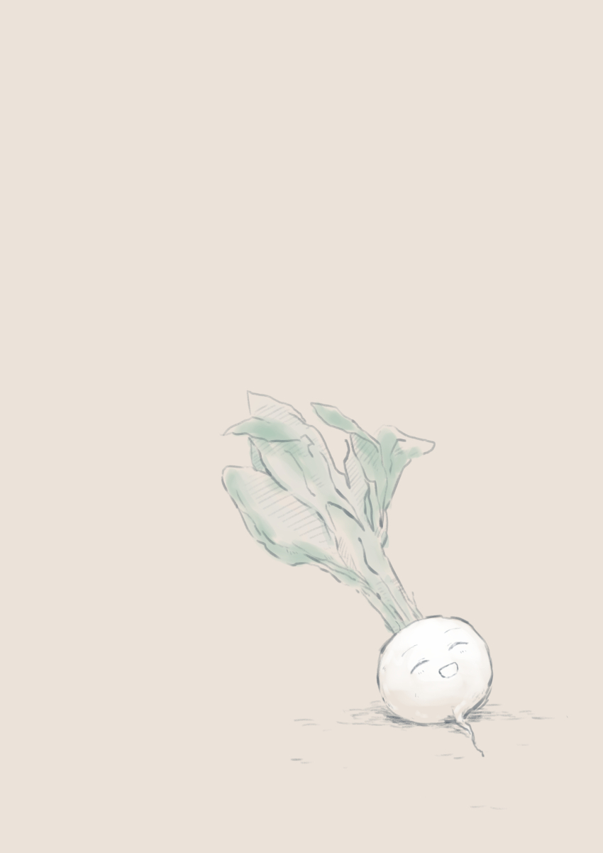 :d brown_background closed_eyes commentary_request cookie_(touhou) highres leaf no_humans object_focus open_mouth reu_daikon smile tail_or turnip
