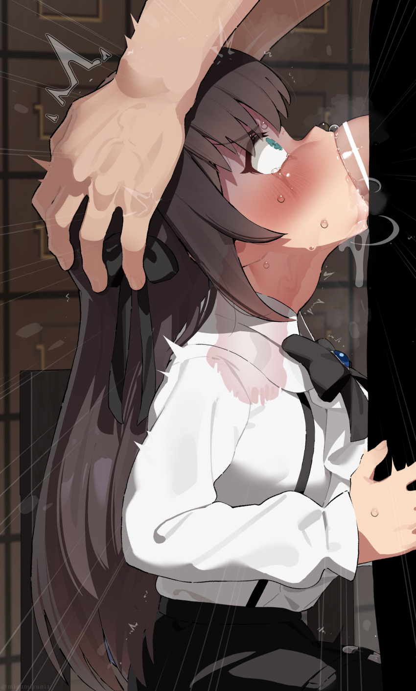 1boy 1girl absurdres alina_clover bar_censor black_bow black_bowtie black_skirt bow bowtie brown_hair censored deepthroat fellatio from_side green_eyes guild_no_uketsukejou_desu_ga_zangyou_wa_iya_nanode_boss_wo_solo_toubatsu_shiyou_to_omoimasu hands_on_another&#039;s_head hetero highres irrumatio long_hair mizumizuni oral penis profile shirt skirt solo_focus white_shirt x-ray