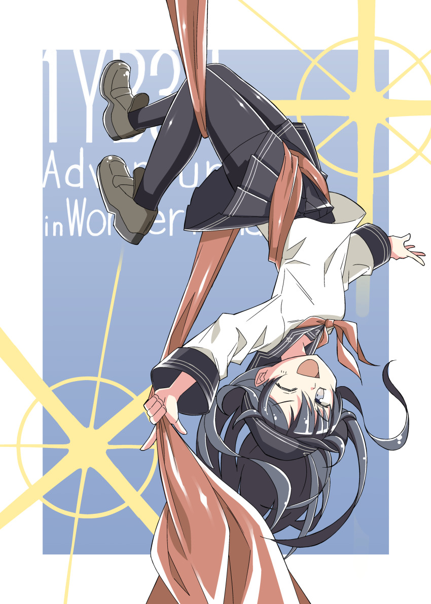 1girl ;d absurdres akatsuki_(kancolle) anchor_symbol black_pantyhose black_skirt brown_shoes female_focus flat_cap full_body hair_between_eyes hat highres kantai_collection kazh_(kazu) loafers long_hair looking_at_viewer neckerchief one_eye_closed open_mouth pantyhose pleated_skirt purple_eyes purple_hair red_neckerchief school_uniform serafuku shoes skirt smile solo upside-down