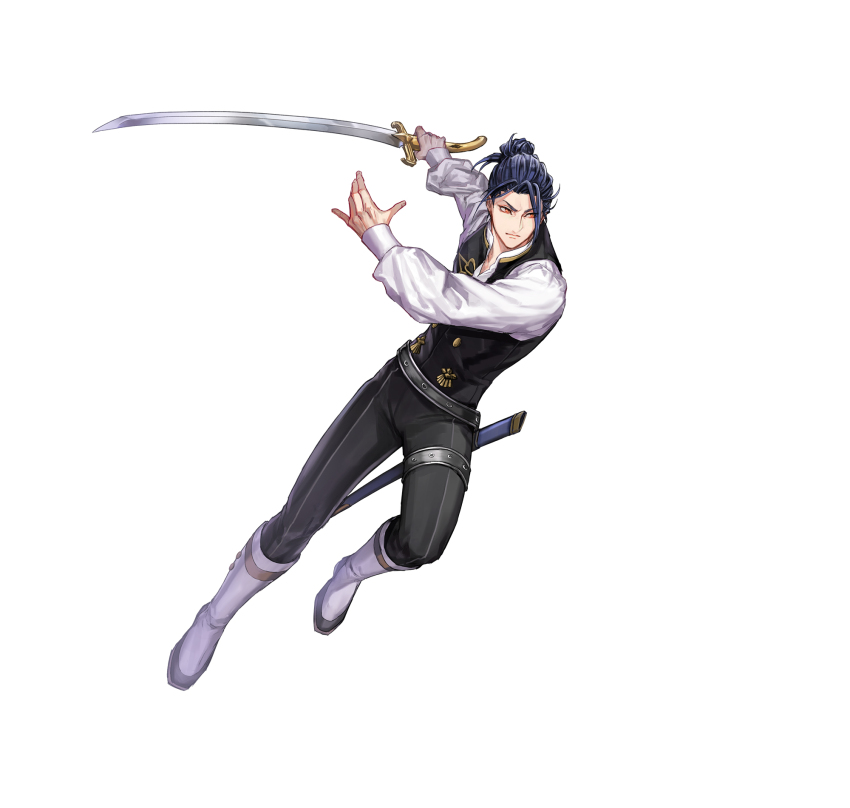 1boy belt black_belt black_vest blue_hair boots commentary_request felix_hugo_fraldarius fire_emblem fire_emblem:_three_houses fire_emblem_heroes full_body garreg_mach_monastery_uniform hair_bun highres holding holding_sword holding_weapon kuroba.k male_focus nintendo official_art orange_eyes scabbard sheath shirt short_hair solo sword vest weapon white_boots white_shirt