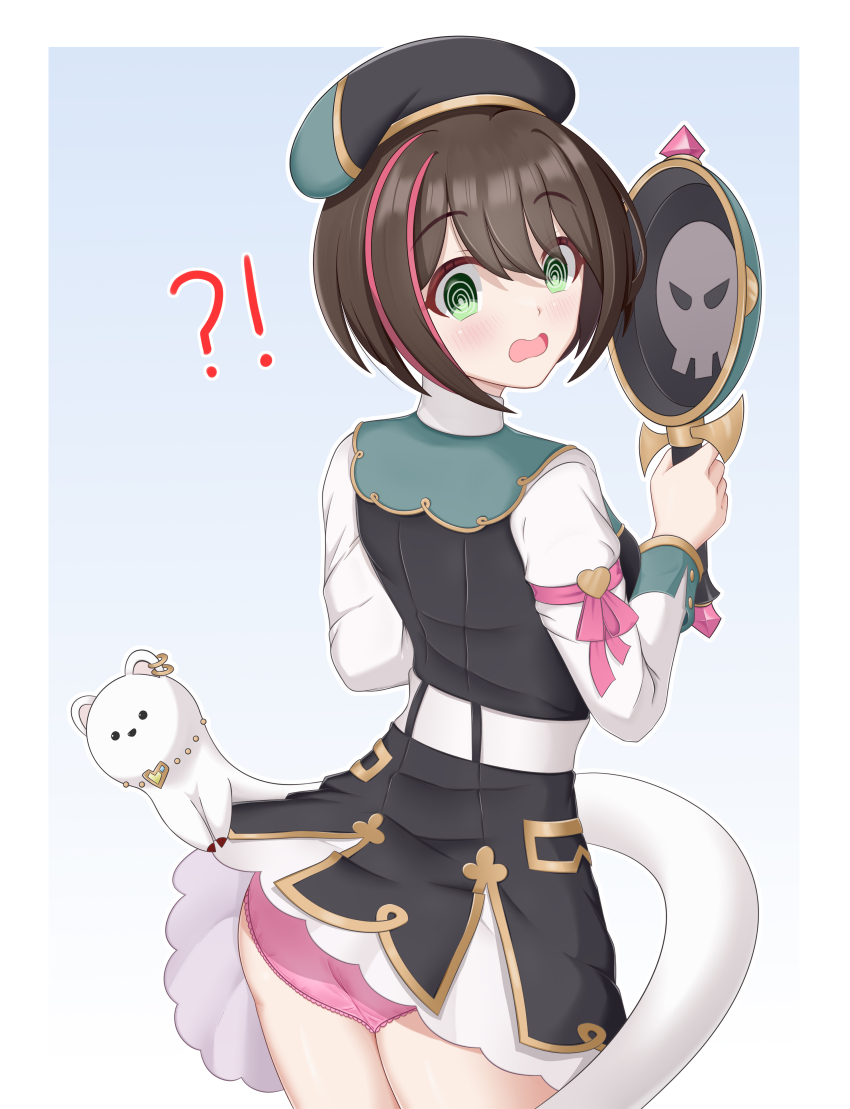 1girl @_@ absurdres belt beret black_dress brown_hair clothes_lift dress dress_lift from_behind frying_pan green_eyes hat highres holding holding_frying_pan looking_back multicolored_hair open_mouth panties pink_panties pink_streaks princess_connect! short_hair streaked_hair underwear wakana_(princess_connect!) wavy_mouth white_belt white_sleeves winterline