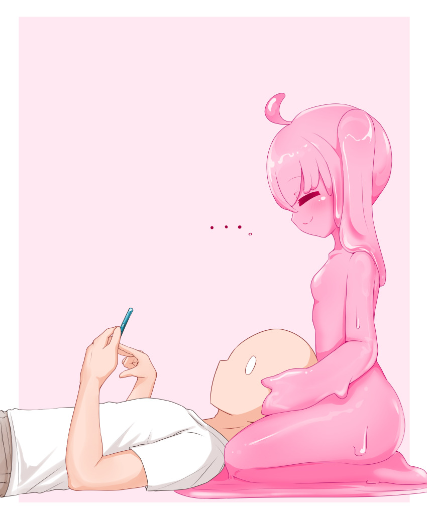 ... 1boy 1girl absurdres arm_support barefoot blush breasts cellphone closed_eyes collarbone colored_skin creature flat_chest hair_between_eyes hand_on_another&#039;s_head highres hikyou_takarasou holding holding_phone lap_pillow liquid_hair long_hair looking_at_another monster monster_girl no_nipples nude open_mouth original phone pink_background pink_skin shirt short_sleeves sitting slime_(creature) slime_(substance) slime_girl t-shirt twintails wariza white_shirt