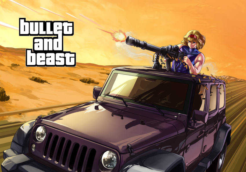 1girl alice_margatroid blonde_hair blue_tank_top car commentary_request cookie_(touhou) desert english_text firing gatling_gun grand_theft_auto gun hairband highres holding holding_gun holding_weapon jeep_wrangler looking_to_the_side megafaiarou_(talonflame_810) military_jeep minigun motor_vehicle mountain muscular muscular_female muzzle_flash orange_sky purple_eyes red_hairband road sakuranbou_(cookie) shell_casing short_hair sky solo sports_utility_vehicle sunroof tank_top touhou upper_body vehicle_focus weapon