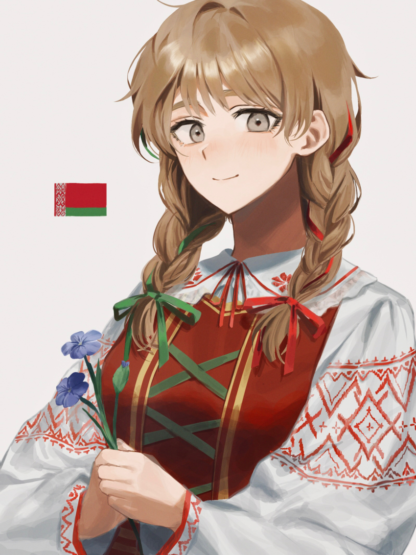 1girl belarus_(saboten92) belarusian_clothes belarusian_flag braid brown_hair closed_mouth dress grey_eyes hair_ribbon highres long_hair looking_at_viewer low_twin_braids neck_ribbon original personification red_dress red_ribbon ribbon ribbon_braid saboten92 simple_background smile solo twin_braids white_background