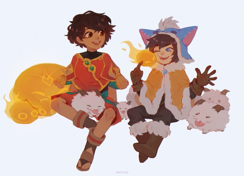 2boys :p ;o absurdres blue_eyes boots brown_eyes brown_gloves brown_hair capelet child cloak dark-skinned_male dark_skin fire full_body fur-trimmed_boots fur-trimmed_cloak fur_trim gloves grey_background highres horns league_of_legends male_focus milio_(league_of_legends) multiple_boys nunu_(league_of_legends) one_eye_closed orange_cloak poro_(league_of_legends) red_capelet red_shorts short_hair shorts simple_background sitting smile tassel tongue tongue_out white_fur wryyyto