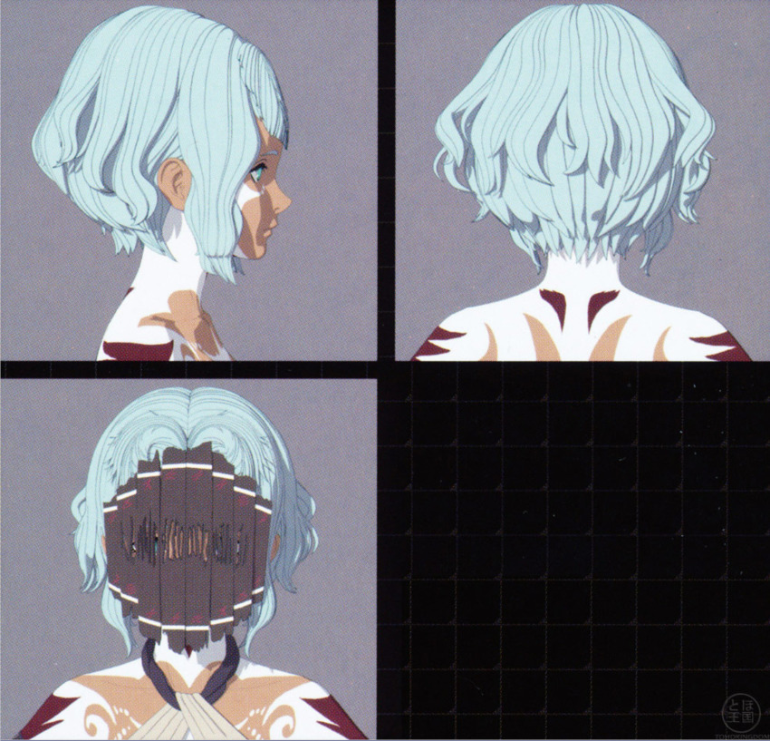 1girl antennae blue_hair bodypaint concept_art dark_skin godzilla:_city_on_the_edge_of_battle godzilla_(series) green_eyes highres houtua looking_at_viewer maina mask miana monster_girl nude official_art polygon_pictures tattoo toho tribal tribal_tattoo