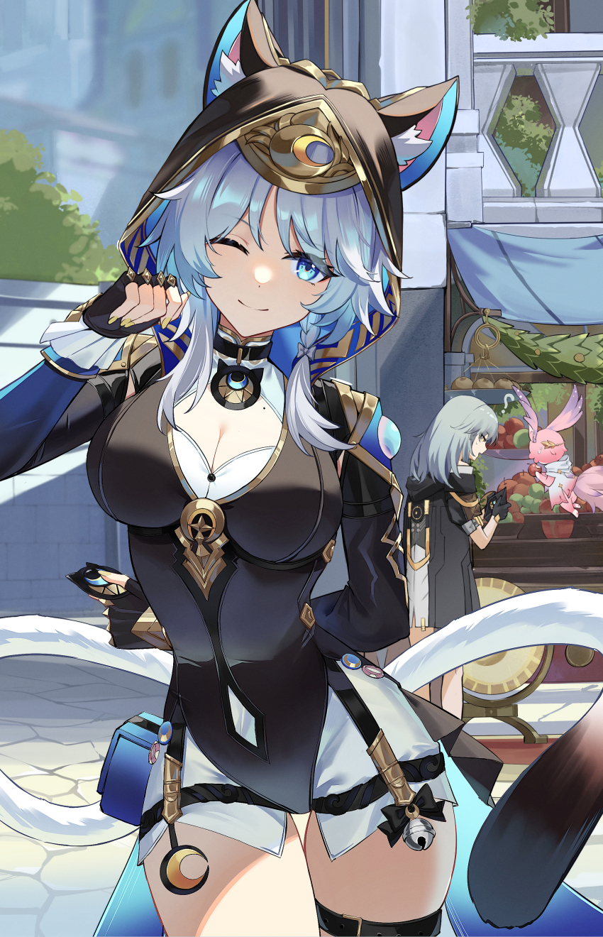 2girls ? absurdres animal_ear_fluff animal_ears black_gloves black_hood black_leotard blue_eyes braid breasts cat_ears cat_tail cipher_(honkai:_star_rail) cleavage closed_mouth coin commentary fingerless_gloves fingernails gloves grey_hair hand_up highres holding holding_behind_back holding_coin honkai:_star_rail honkai_(series) iras17514 large_breasts leotard long_hair looking_at_viewer medium_hair mem_(honkai:_star_rail) mole mole_on_chest multiple_girls nail_polish one_eye_closed outdoors shorts smile solo_focus stelle_(honkai:_star_rail) tail thigh_gap trailblazer_(honkai:_star_rail) white_shorts yellow_nails