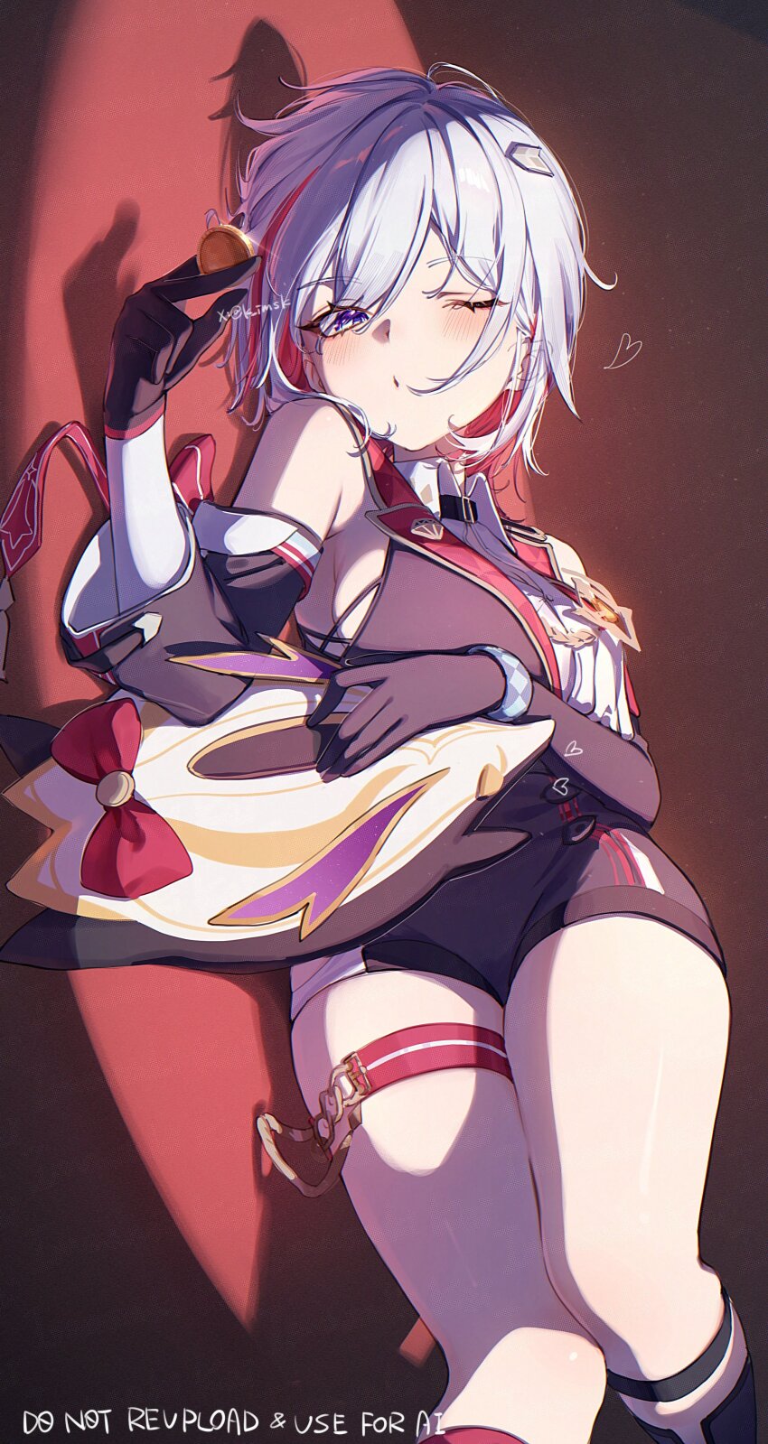 1girl absurdres asymmetrical_gloves bare_shoulders black_gloves breasts coin collared_shirt detached_sleeves elbow_gloves gloves grey_hair heart highres honkai:_star_rail honkai_(series) imasaki_kei long_sleeves looking_at_viewer lying multicolored_hair numby_(honkai:_star_rail) one_eye_closed parted_lips red_hair shirt short_hair sideboob simple_background solo streaked_hair thigh_strap topaz_(honkai:_star_rail) trotter_(honkai:_star_rail) twitter_username uneven_gloves