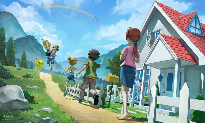 2boys 2girls ash_ketchum brock_(pokemon) brown_hair delia_ketchum dirt_road fence gen_1_pokemon gen_2_pokemon grass happy hat highres ho-oh house legendary_pokemon low_ponytail mcgmark misty_(pokemon) mr._mime multiple_boys multiple_girls nintendo orange_hair picket_fence pikachu pokemon pokemon_(anime) pokemon_(creature) pokemon_journeys ponytail rainbow road rock running shorts side_ponytail sky smile trophy vest wooden_fence